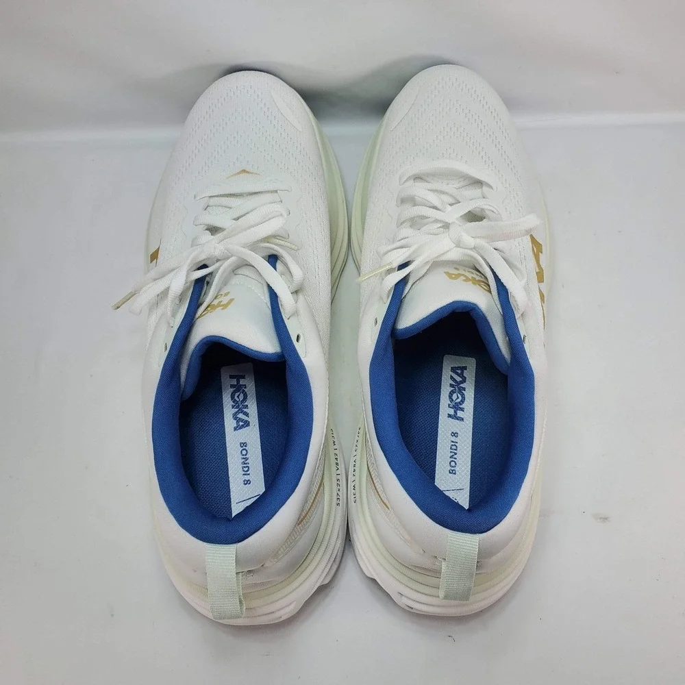 Hoka Bondi 8 Running Shoes Mens 10.5 White Gold Blue Cushioned Road Sneakers